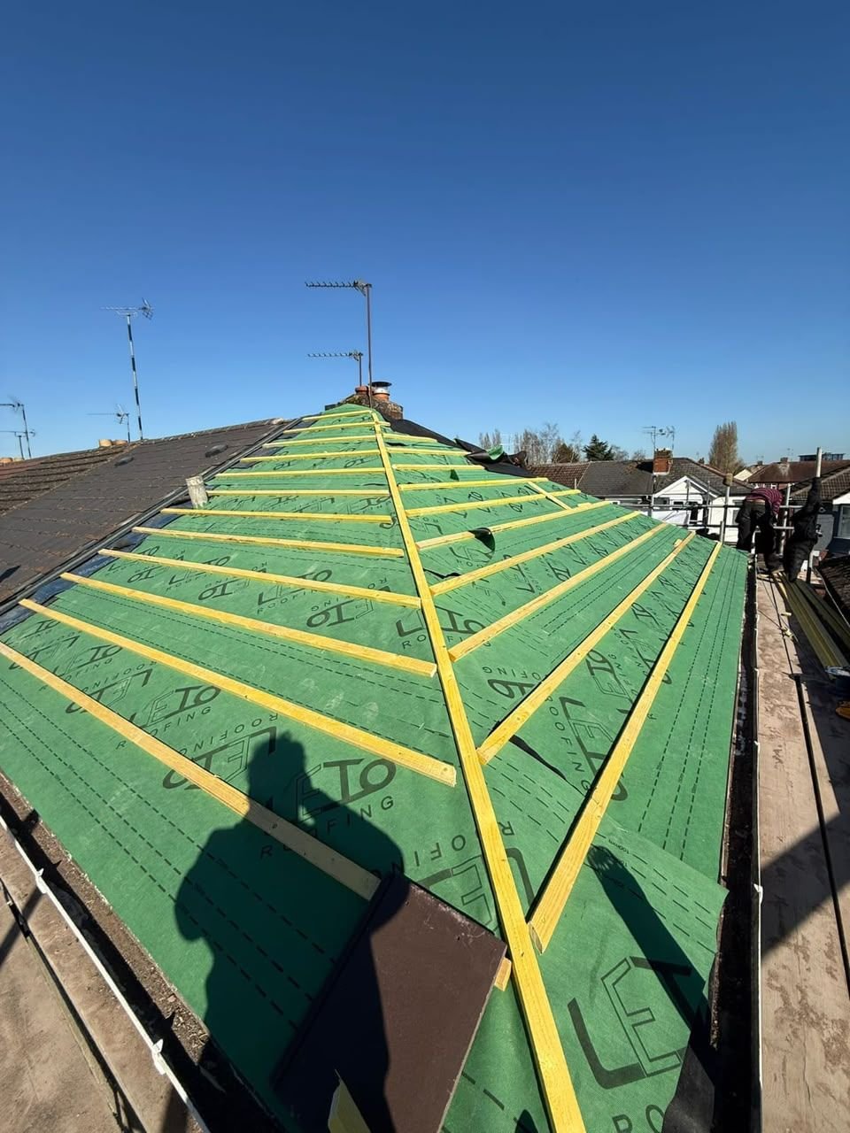 Roof during re-roof with membrane and battens laid